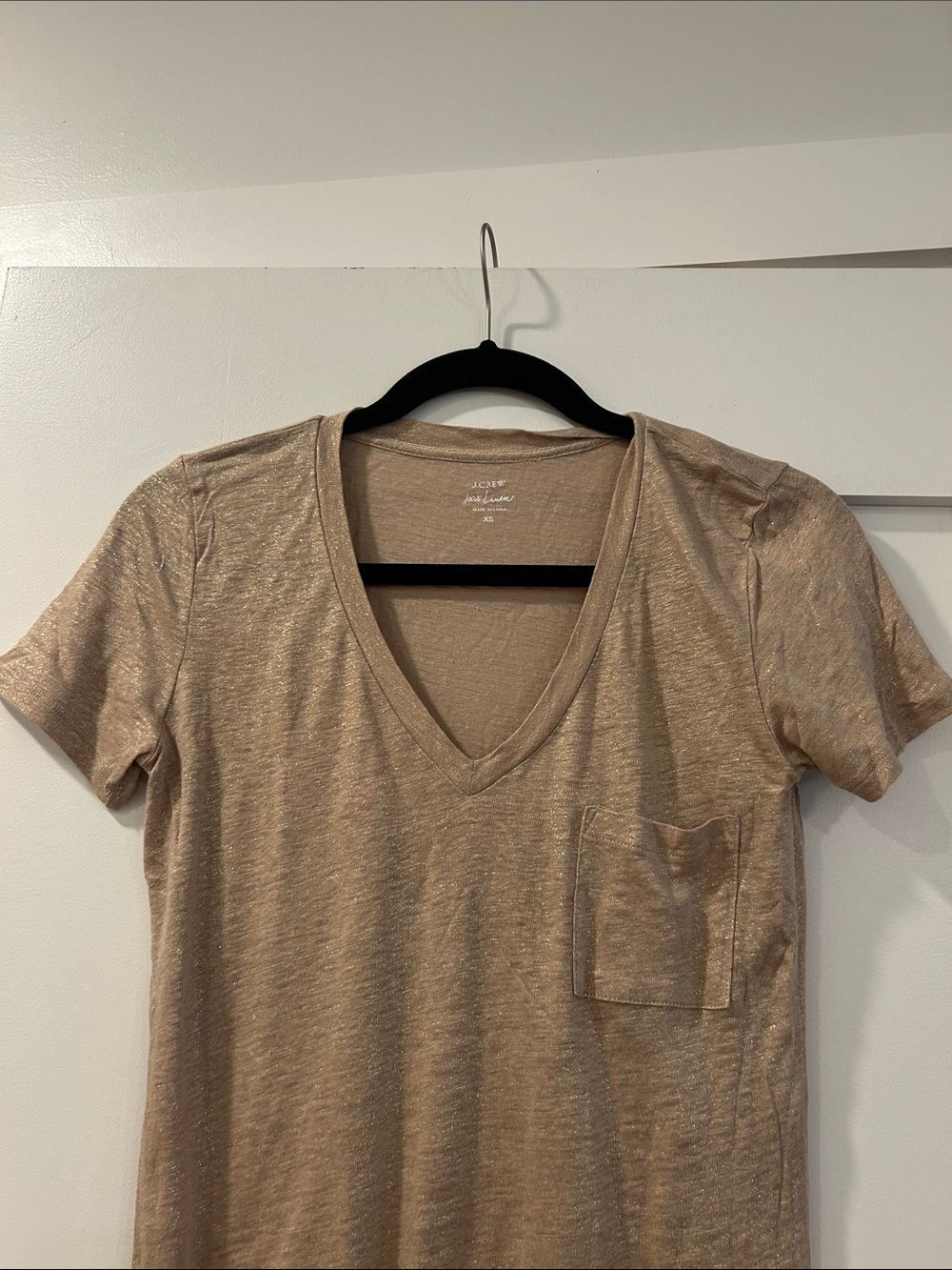 J. Crew Linen Shimmery Gold V-Neck Pocket Tee, XS - Picture 2 of 8